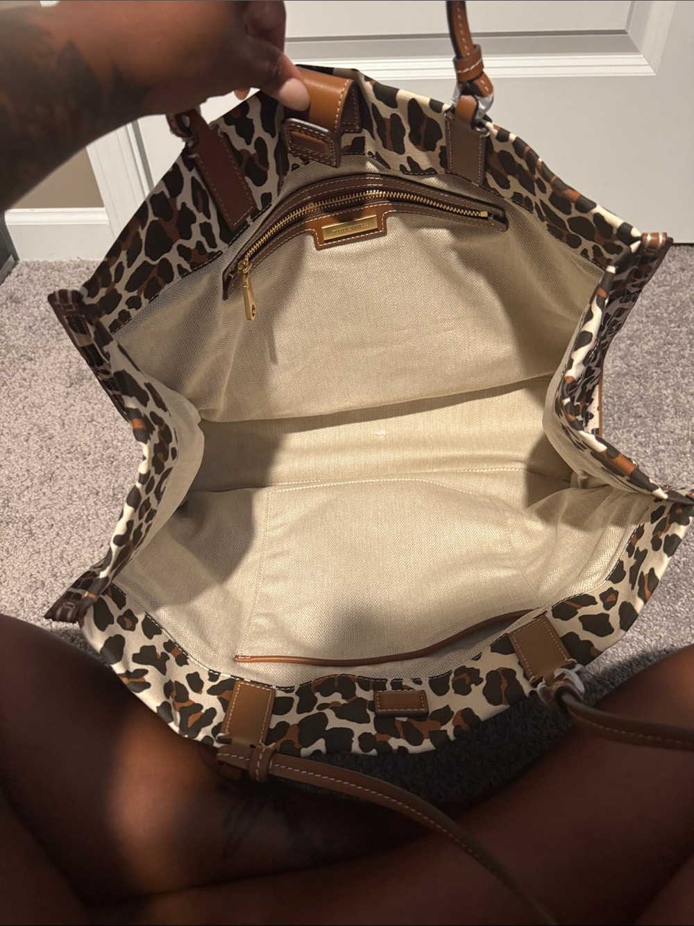 Tory Burch Brown, Black and Cream Leopard-Print Leather-Trim Tote - Picture 2 of 3